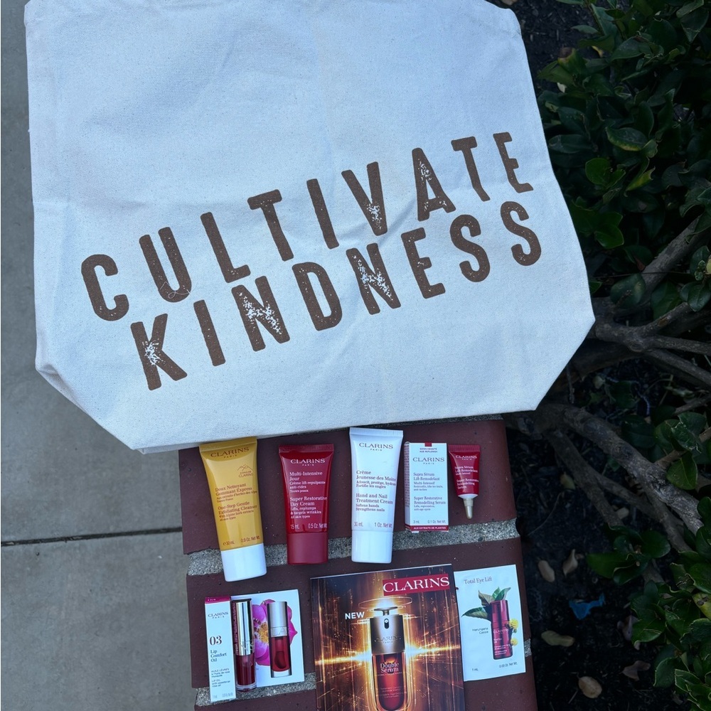 Cultivate Kindness Tote Bag with Clarins Skincare Set